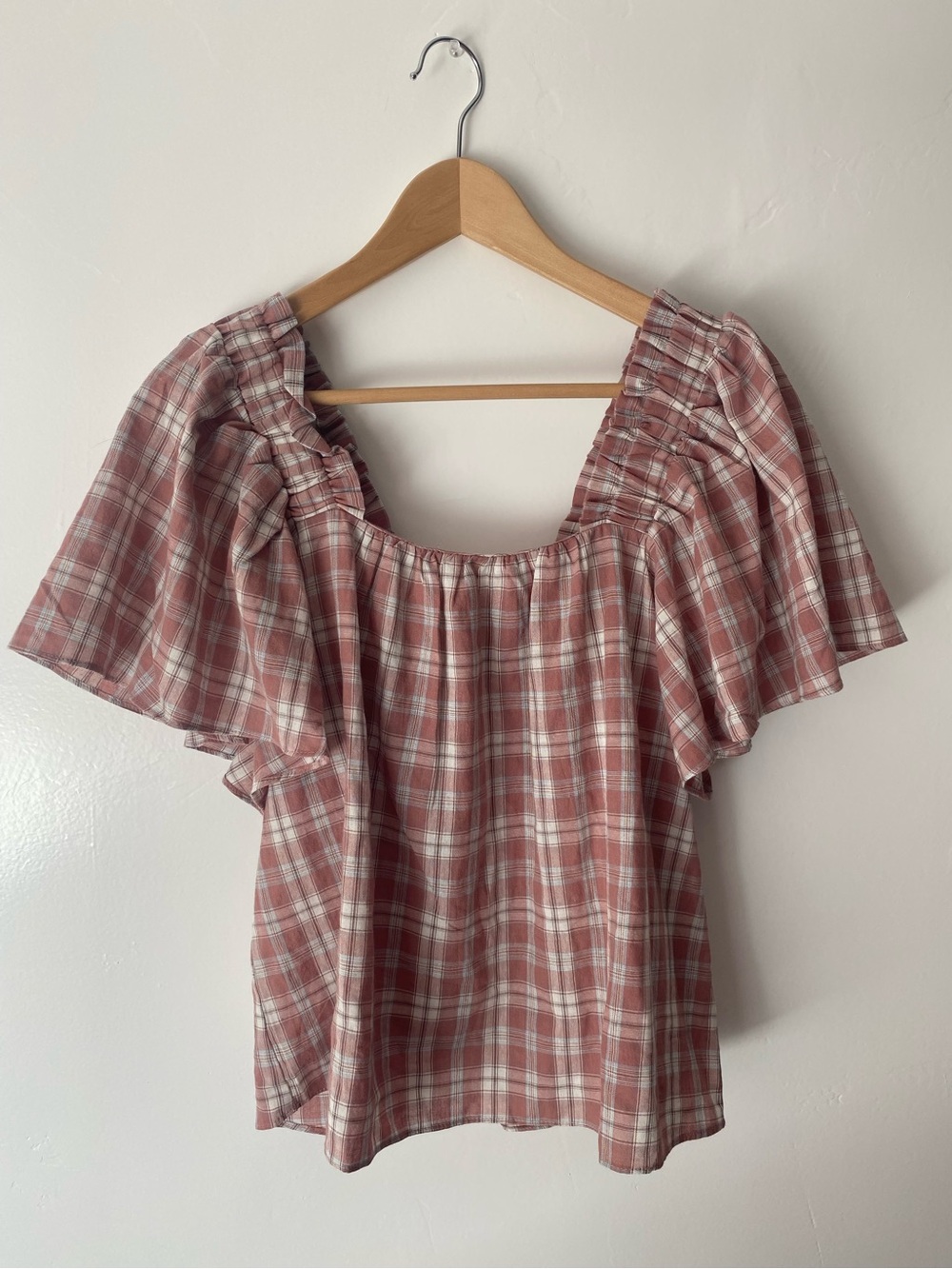 100% Cotton Pink Plaid Flutter Sleeve Top Size L Women's Fall Cottagecore Boho
